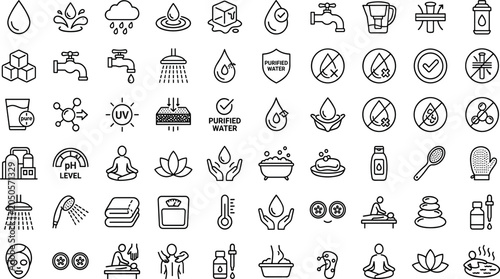 Photos Water drops filtration purification systems and spa wellness line icons collection featuring drops, taps, showers, massage therapy, beauty skin care, and healthy lifestyle symbols