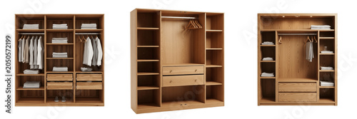 Tableau sur toile Set of Empty and Organized Wooden Wardrobe Closets Isolated on White Background,