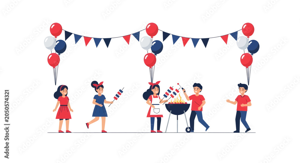Naklejka premium Children Celebrate Independence Day with Barbecue Party Decorations.