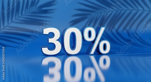 30% discount sign with palm leaf shadows on blue background