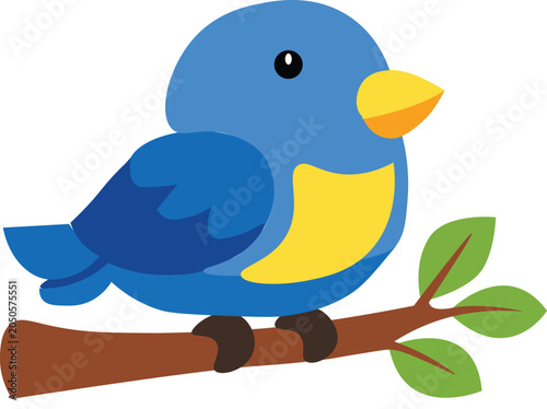 Blue Bird Vector Illustration With Branch And Green Leaves