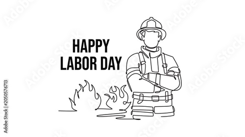 Firefighter wearing protective rescue uniform.Labor day concept. Single line draw design. Full length animation illustration. High quality 4k footage