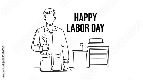 Mechanic holding wrench in workshop.Labor day concept. Single line draw design. Full length animation illustration. High quality 4k footage