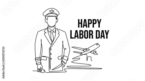 Pilot wearing airline captain uniform.Labor day concept. Single line draw design. Full length animation illustration. High quality 4k footage