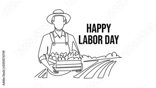 Farmer holding fresh vegetable harvest.Labor day concept. Single line draw design. Full length animation illustration. High quality 4k footage