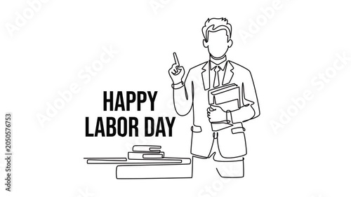 Teacher standing in classroom with books.Labor day concept. Single line draw design. Full length animation illustration. High quality 4k footage