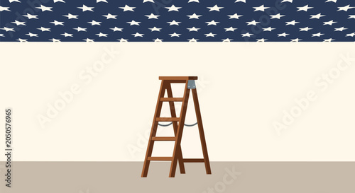 Wooden stepladder in an empty room with a patriotic blue starry ceiling illustration