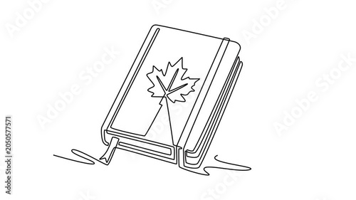 Autumn notebook with maple leaf cover. Autumn concept. Single line draw design. Full length animation illustration. High quality 4k footage
