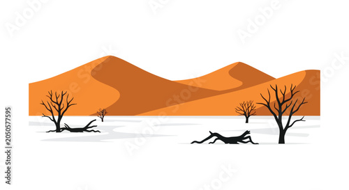 Minimalist Desert Landscape with Orange Sand Dunes and Dead Tree Silhouettes illustration