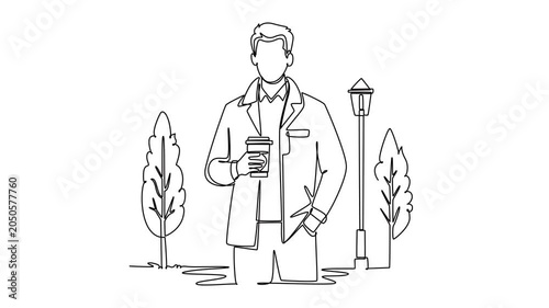 Man holding coffee in autumn outfit. Autumn concept. Single line draw design. Full length animation illustration. High quality 4k footage