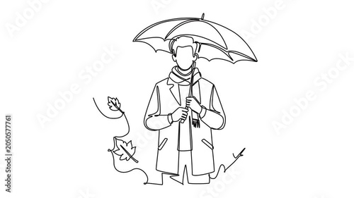 Man walking with umbrella in autumn rain. Autumn concept. Single line draw design. Full length animation illustration. High quality 4k footage
