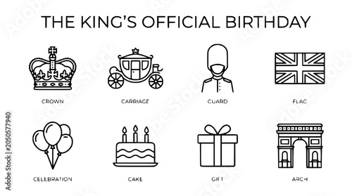 Bild auf Leinwand The King's Official Birthday Icons: Crown, Carriage, Guard, Flag, Balloons, Cake