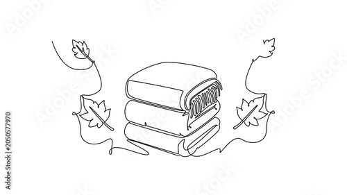 Stack of folded sweaters with leaves. Autumn concept. Single line draw design. Full length animation illustration. High quality 4k footage