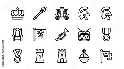 Fotografie Royal Symbols Icon Set: Crown, Scepter, Carriage, Helmets, Throne, Flag, Trumpet