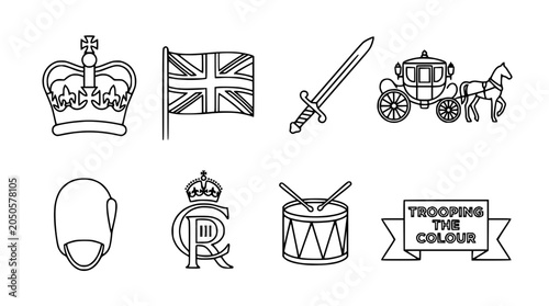 Fotografija British Royal Symbols: Crown, Union Jack, Carriage, Guard, Sword, Drum, Monogram