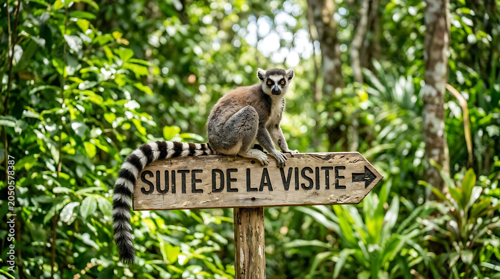 Fototapeta premium Ring Tailed Lemur Sitting Calmly on a Wooden Directional Sign in a Lush Green Tropical Forest