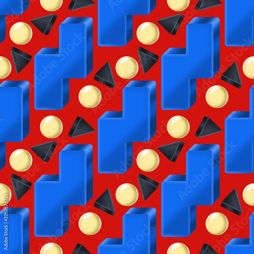 Abstract 3d isometric shapes seamless pattern in retro arcade style. Template for Pattern, textile, Gift wrapping paper, and etc.