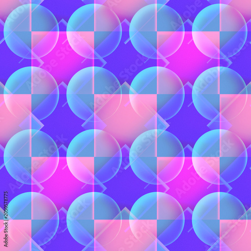 Neon Geometric Seamless Pattern with Glass Spheres and Squares. Template for Pattern, textile, Gift wrapping paper, and etc.