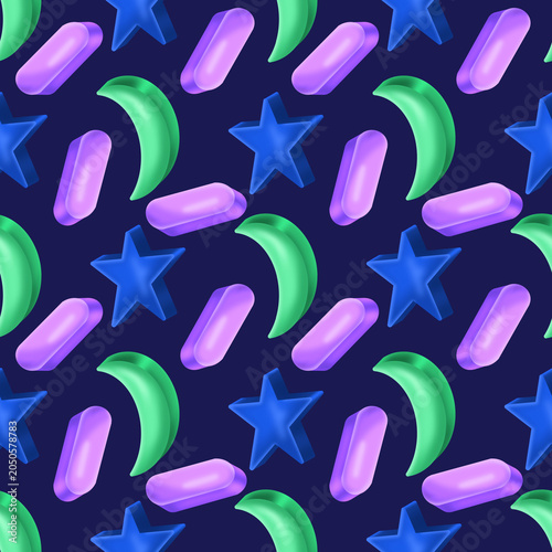 3D seamless pattern with glossy stars, crescent moons and capsules on dark blue background. Template for Pattern, textile, Gift wrapping paper, and etc.