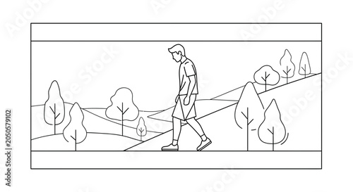 Man walking in a stylized landscape with trees and rolling hills, line art.