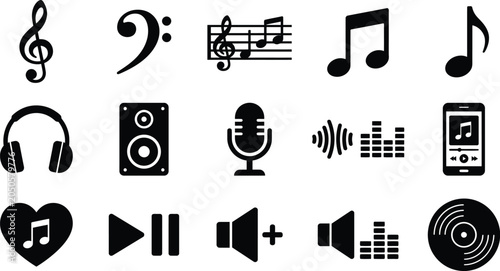 Foto Music Icons Collection Flat Black Silhouettes On White Background