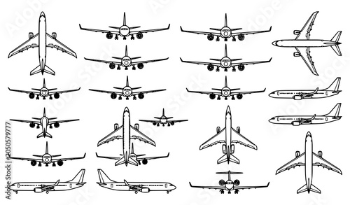 Foto Multi view airplane line art vector set featuring aviation aircraft technical il
