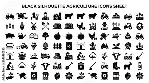 Agriculture icons depict farm life.