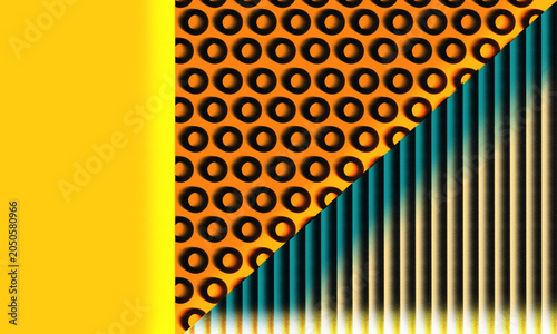 Abstract geometric background with yellow solid panel, orange perforated pattern, and blue vertical stripes. Template for Illustration, Banner, background, and etc.