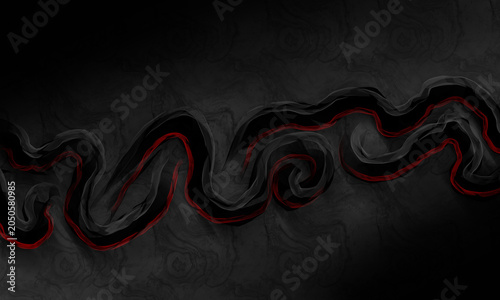Black fluid wave with crimson glowing edges on dark textured background. Template for Illustration, Banner, background, and etc.