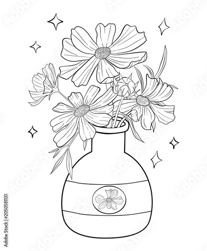 Cosmos Flowers in Vase Line Art Illustration for coloring page