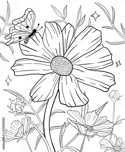 Butterfly and Cosmos Flower Line Art Illustration for coloring page