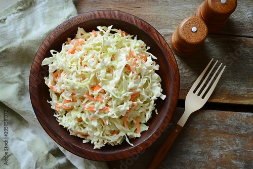Fresh creamy coleslaw salad served in rustic wooden bowl on table