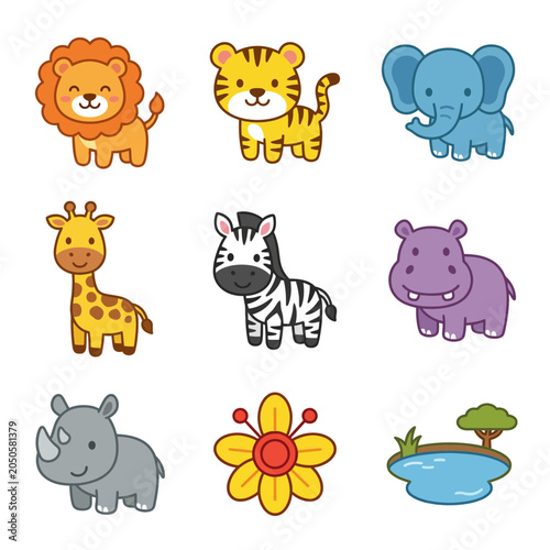Quadro su tela Cartoon animals and a flower illustration.
