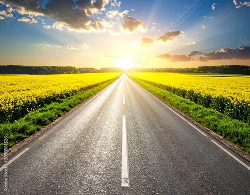 Asphalt road stretches toward a bright sunset, flanked by vibrant yellow fields, blue sky