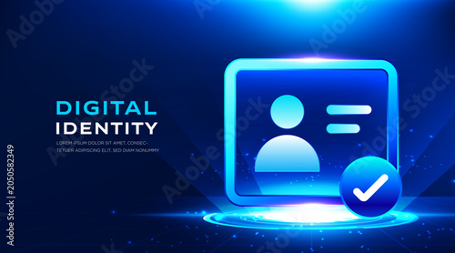 Digital identity verification technology blue interface vector banner with secure user profile and approval checkmark. Modern cybersecurity presentation background for authentication