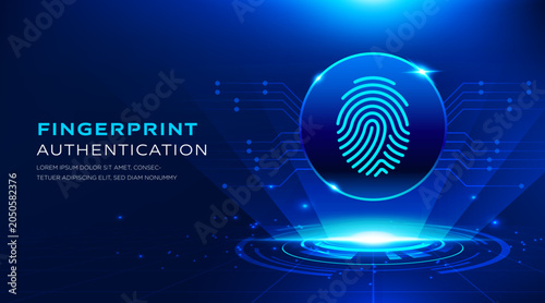 Fingerprint authentication security technology blue interface vector banner with biometric access verification and digital protection. Modern cybersecurity presentation background