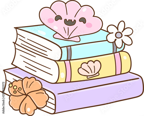 Fotografie Stack of books with seashell Spooky summerween illustration for summer season