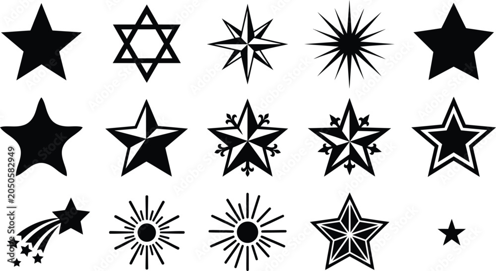 Obraz premium 15 black star icons set geometric and celestial symbols vector