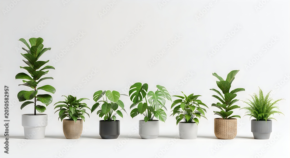 Fototapeta premium Various potted houseplants arranged in a row on white surface with houseplants greenery interior