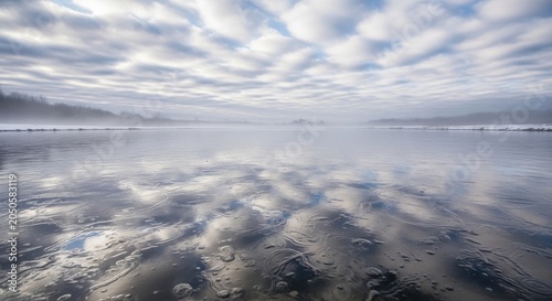 Rippled Surface of Ice Reflecting Clouds