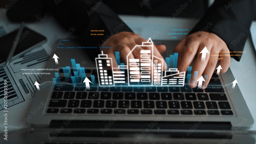 Fototapeta premium Digital transformation in business with hands on laptop and holographic cityscape for innovative solutions in technology and commerce growth strategies Gluon.