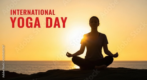 Beautiful landscape illustration of a woman meditating in lotus pose against a stunning sunset for international yoga day