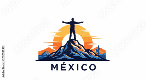 Man on peak, desert landscape with pyramid, sunset, and cactus