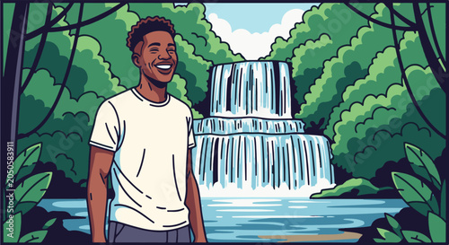 Man smiling in front of a lush waterfall
