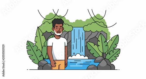 Man standing by a lush waterfall surrounded by tropical plants and rocks