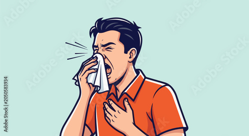Man sneezing into a tissue with his hand on his chest against a light blue background