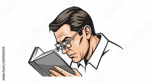 Man wearing glasses intently reads a book, focused and studious expression
