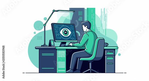 Man working at desk with AI eye on computer screen, in modern office