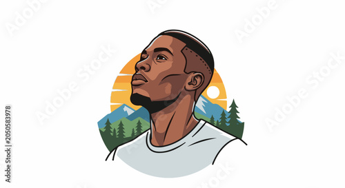 Man with goatee looking up at a stylized mountain landscape and sunset