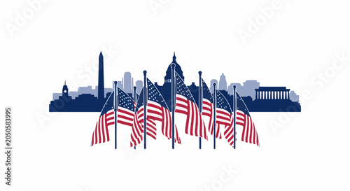 Many American flags wave in front of a city skyline featuring famous landmarks